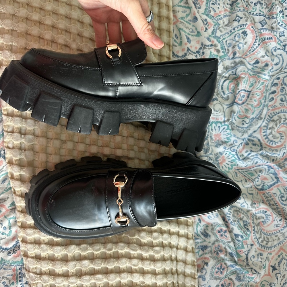 Princess Polly Black Chunky Lug Loafers with Gold Hardware